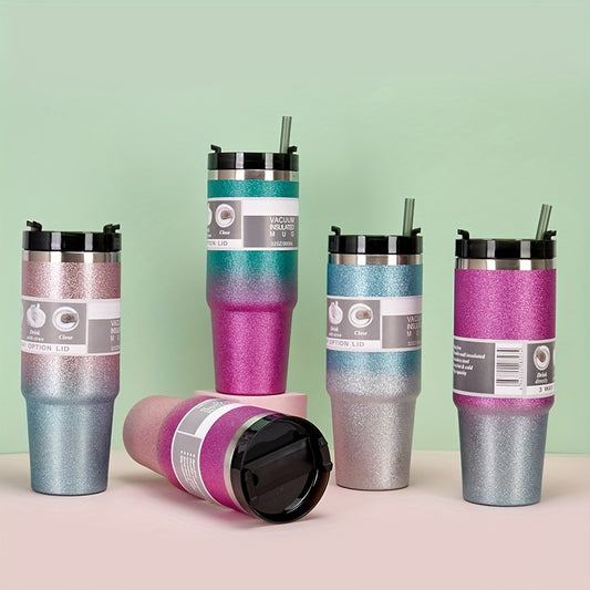 30oz Gradient Stainless Steel Thermal Cup Double Straw Personality Car Handy Cup