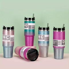 30oz Gradient Stainless Steel Thermal Cup Double Straw Personality Car Handy Cup