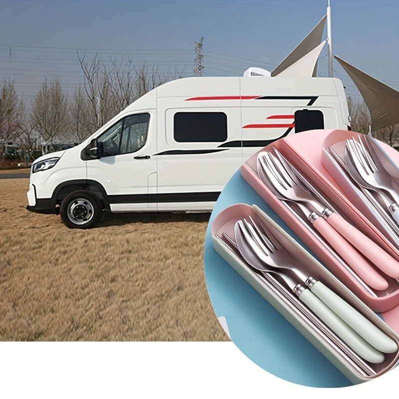 3pcs Stainless Steel Tableware Spork Chopsticks Set with Storage Box