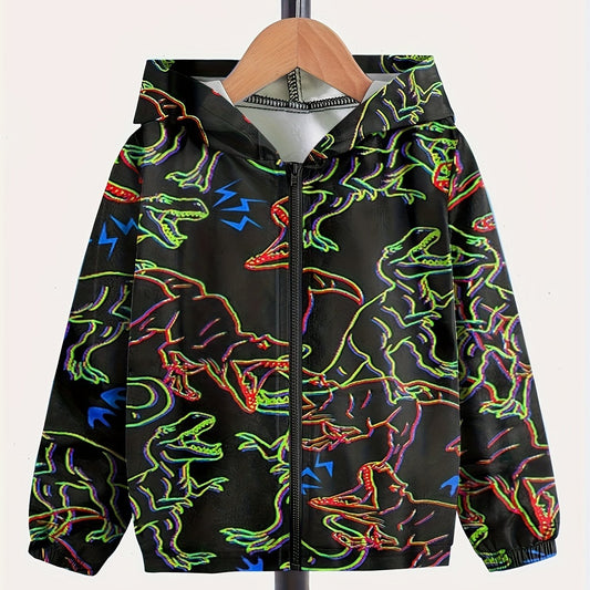 Dino Graphic Zip Front Hooded Jacket for Girls Boys