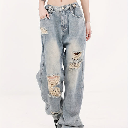 Distressed Straight Jeans Loose Fit Washed Denim Pants