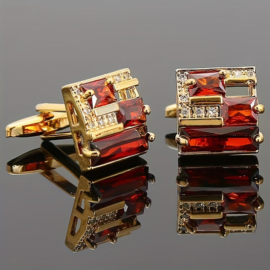 Square Crystal Cufflinks Copper Faux Diamond French Shirt Button Hollowed Out