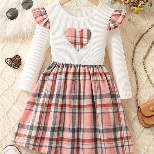 Girls' Plaid Heart Embroidered Dress - Spring/Autumn