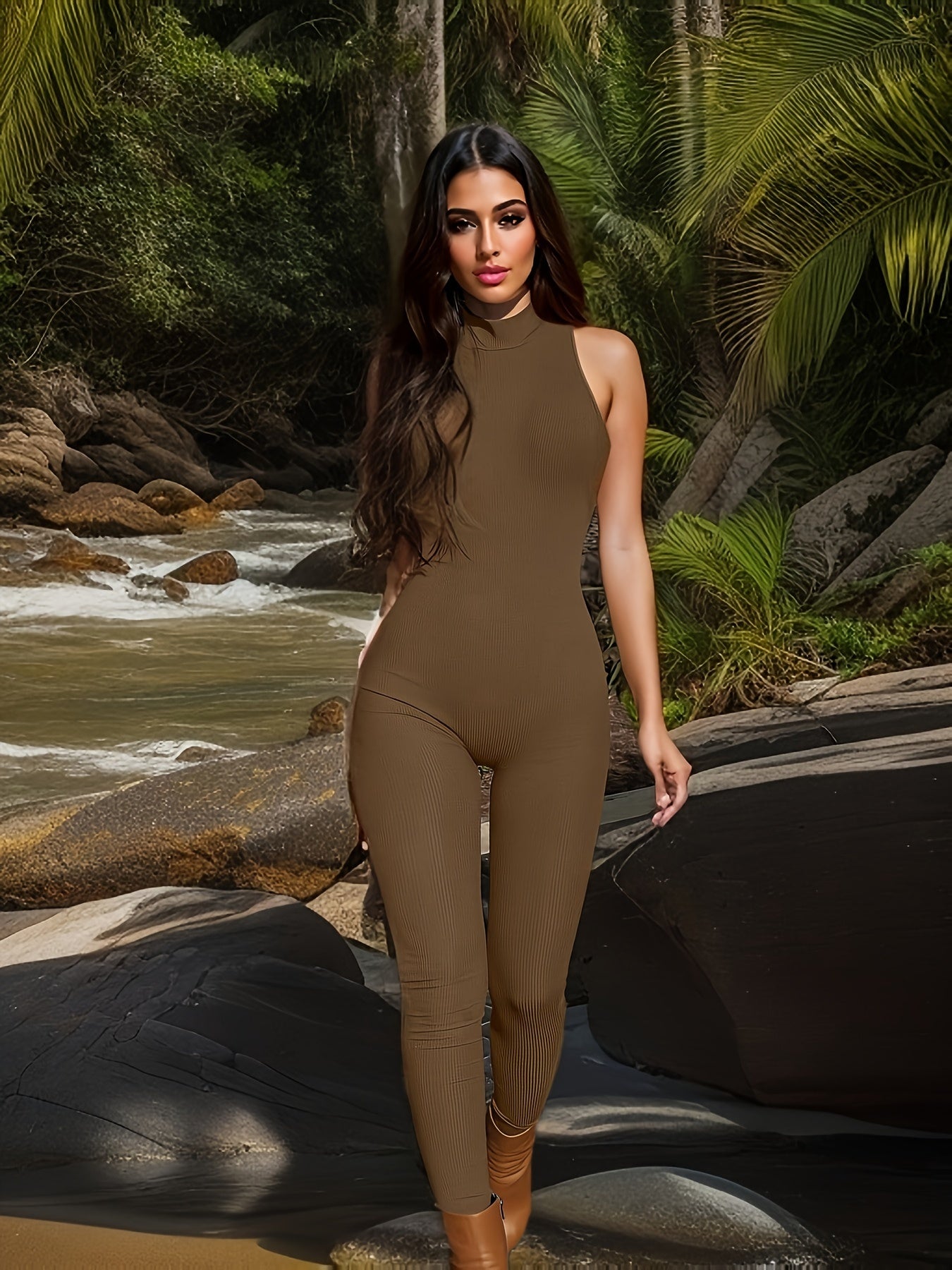 Rib Knit Yoga Jumpsuit High Neck Sleeveless Slim Fit Bodysuit