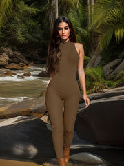 Rib Knit Yoga Jumpsuit High Neck Sleeveless Slim Fit Bodysuit