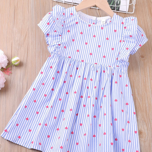 Toddler Girls Puff Sleeve Ruffle Trim Stripe Heart Graphic Princess Dress