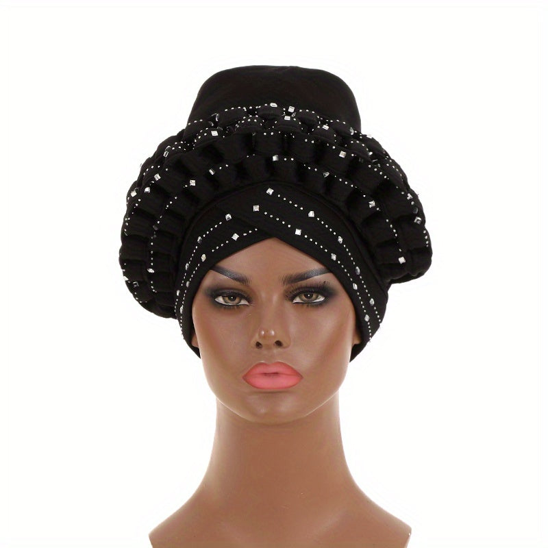 Rhinestone Decor Big Turban Cap Braided Elastic Head Wrap