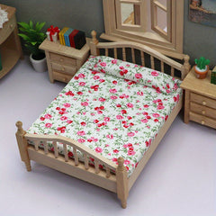 1/12 Scale Wooden Twin Bed Frame with Floral Bedding