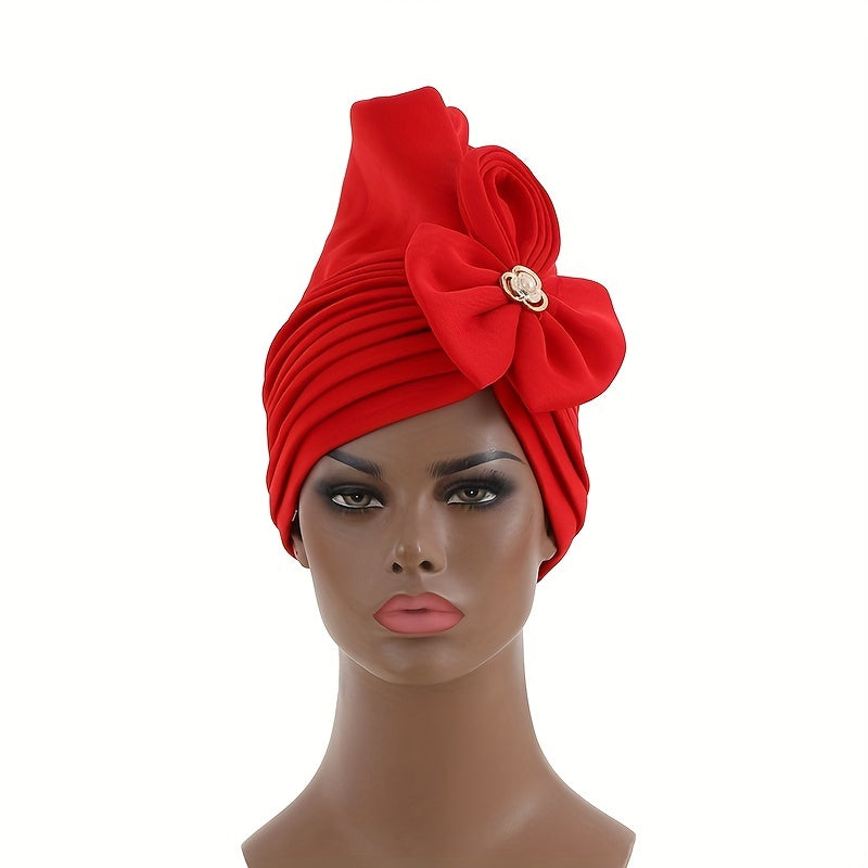 Red Pleated Turban Cap Hijab Hat with Bow