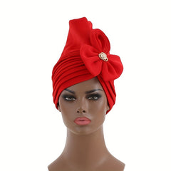 Red Pleated Turban Cap Hijab Hat with Bow