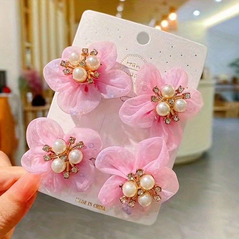 4pcs Girls Faux Pearl & Flower Hair Clip Set