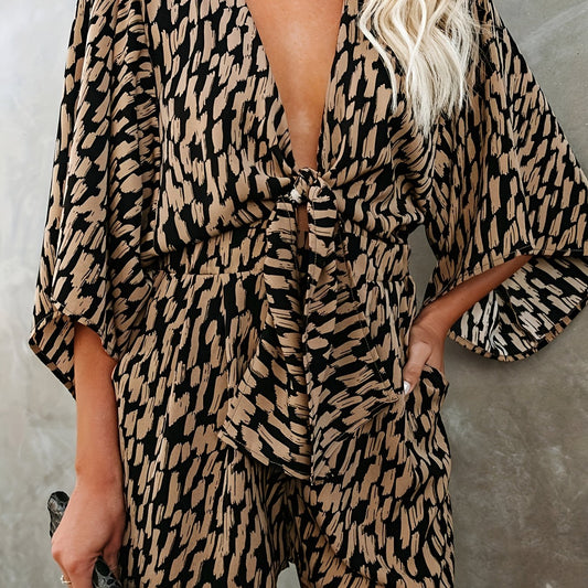  Polka Dot Striped Romper with Deep V Neck