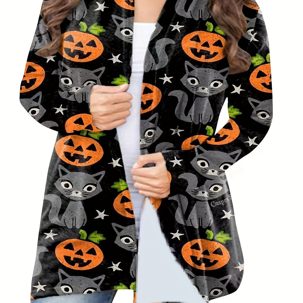  Pumpkin & Cat Print Cardigan, Long Sleeve Open Front