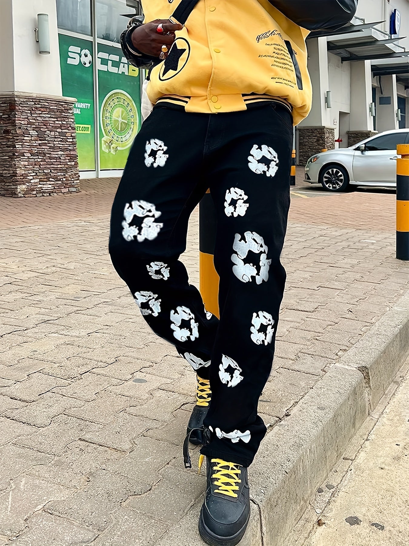 Men's Floral Pattern Loose Fit Jeans Street Style Denim Pants