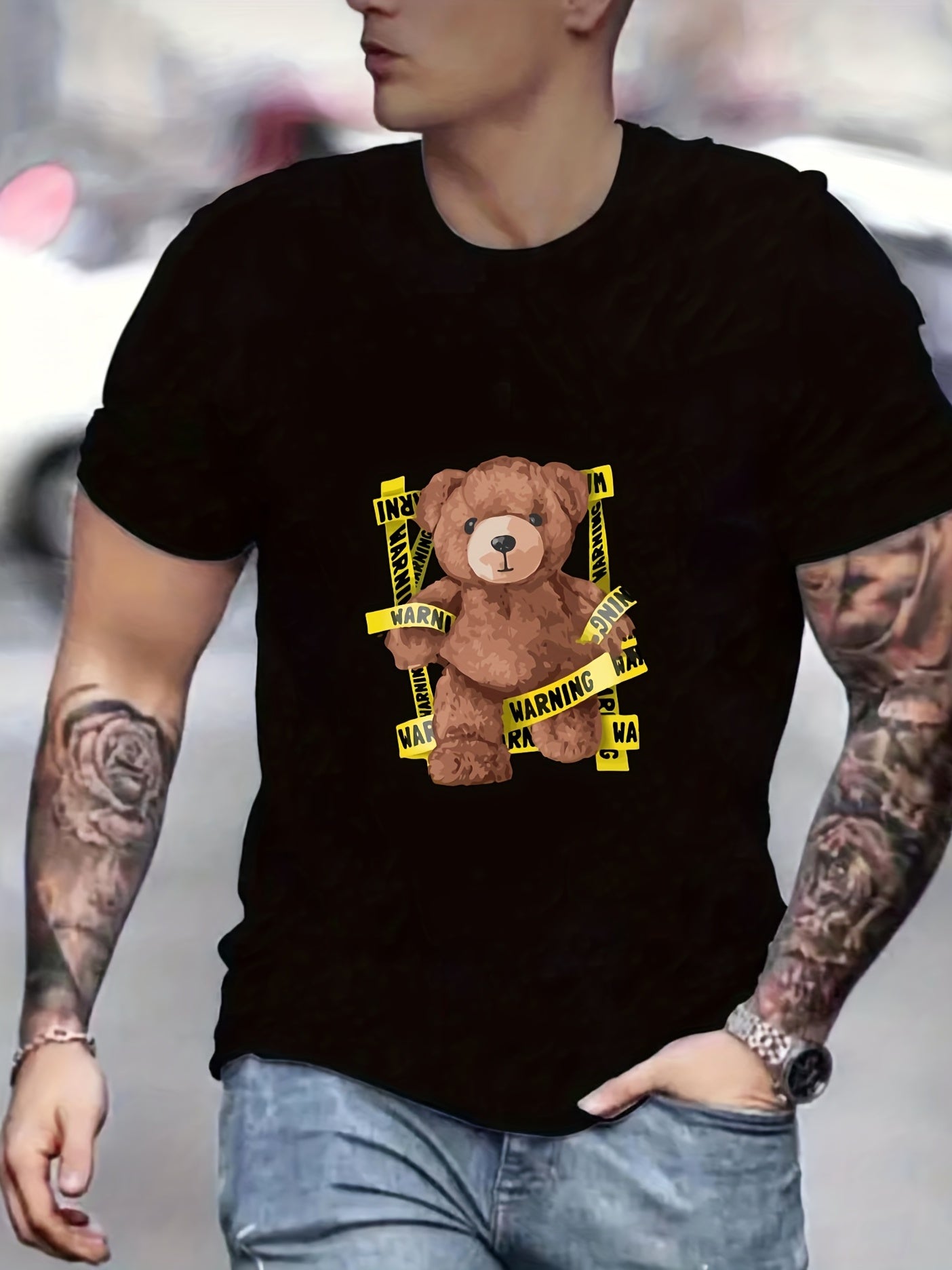 Teddy Bear Print Men's Graphic Crew Neck Active T shirt