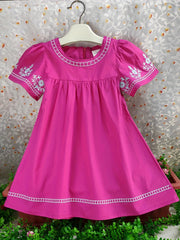 Girls Floral Embroidery Short Sleeve Cotton Dress Boho Style