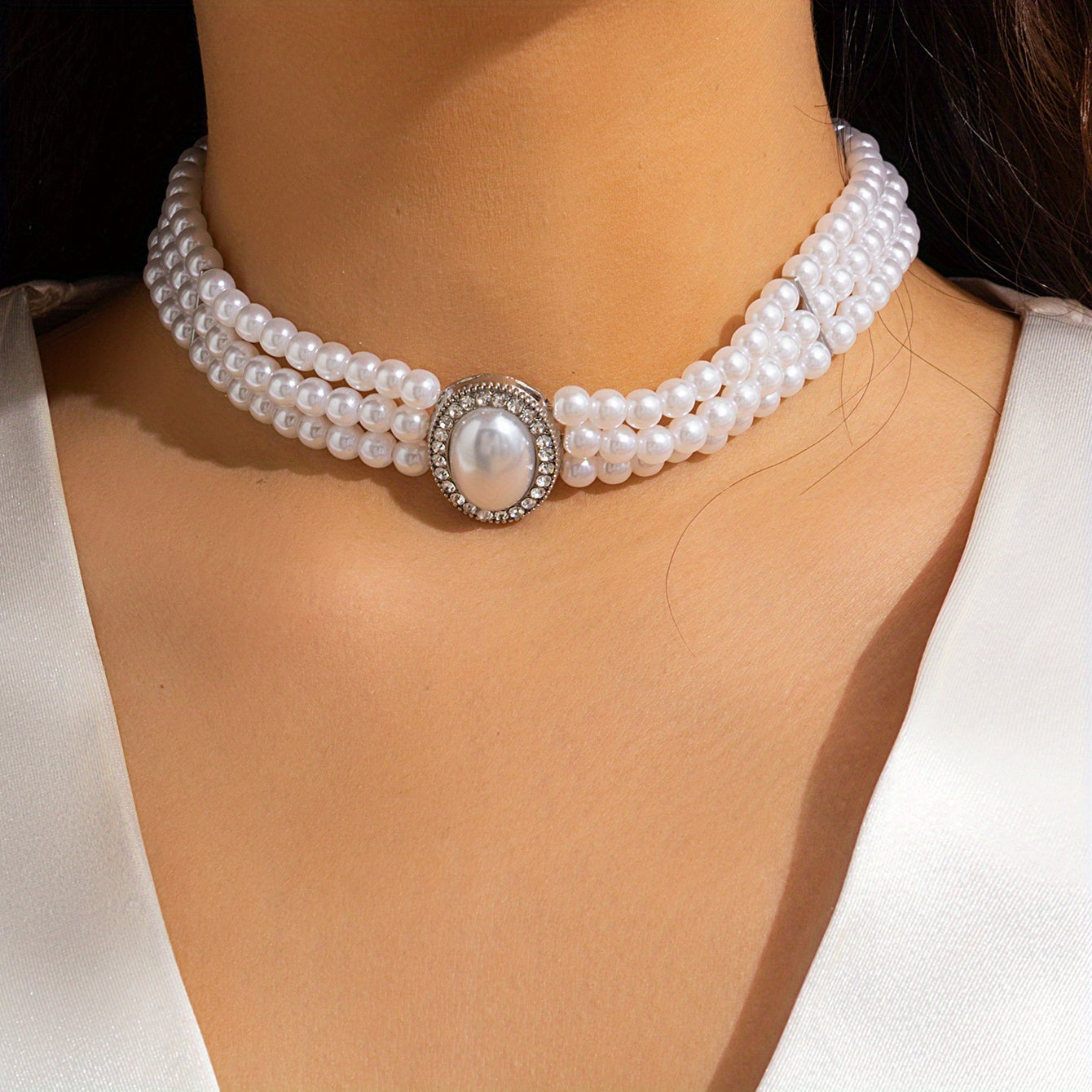 Beaded Faux Gemstone Pearl Choker Necklace Women's Party Jewelry