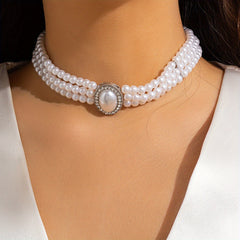 Beaded Faux Gemstone Pearl Choker Necklace Women's Party Jewelry