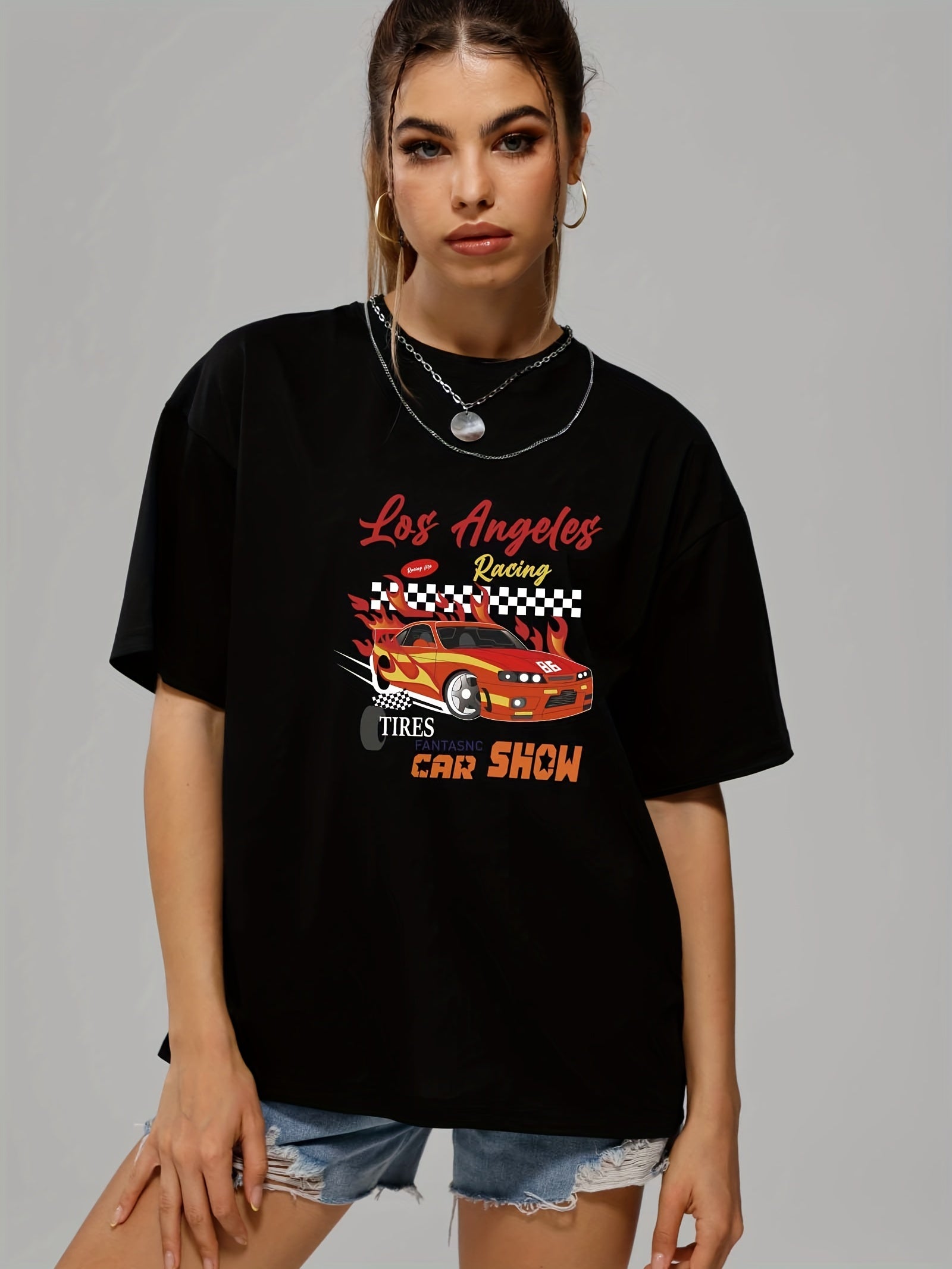 Modern Car & Letter Print T shirts Short Sleeve O neck Tee Women's Summer Tops
