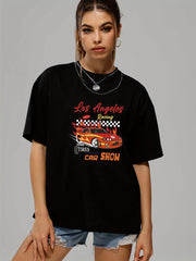 Modern Car & Letter Print T shirts Short Sleeve O neck Tee Women's Summer Tops