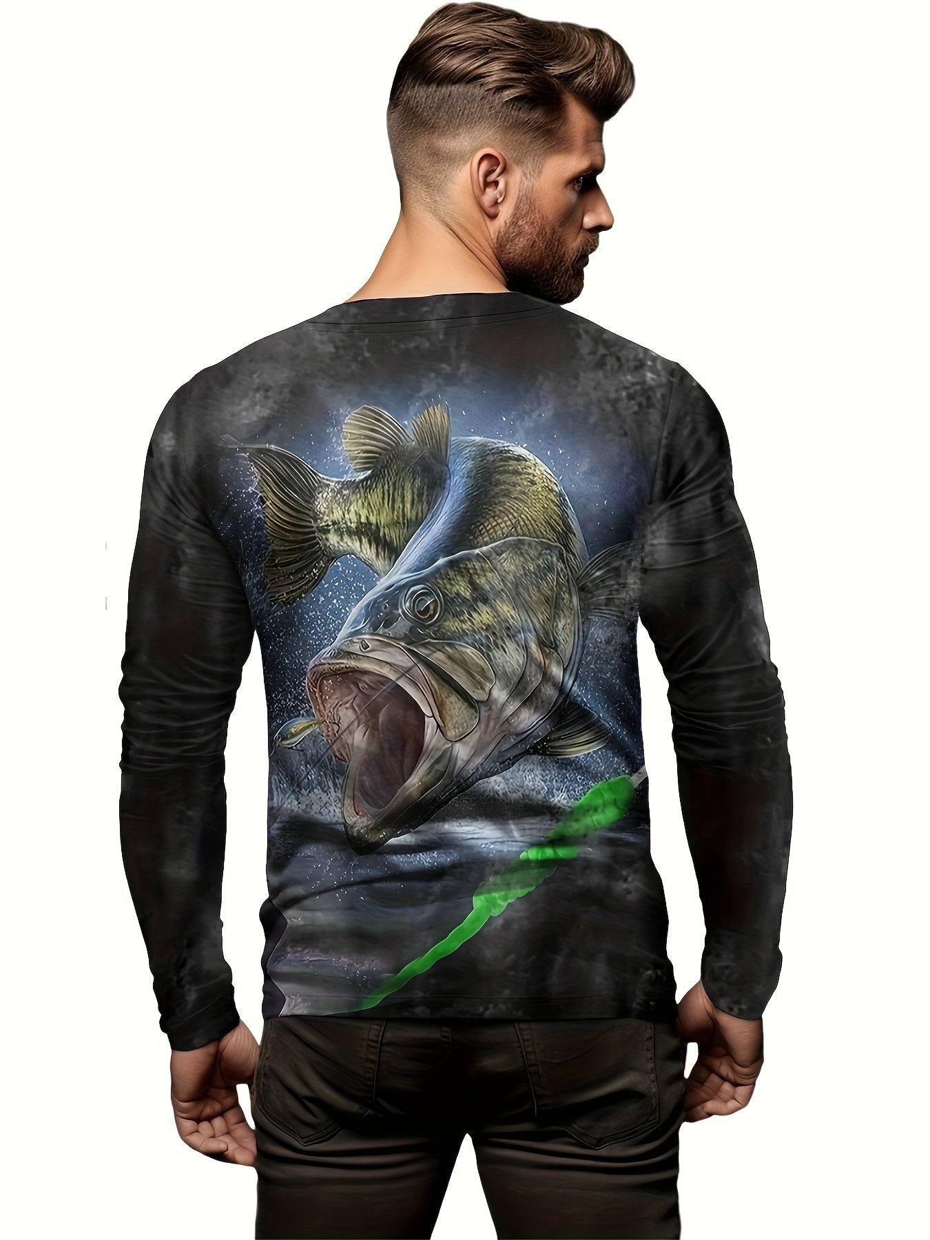 Fish Print Men's Long Sleeve T shirt for Autumn