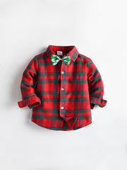 Boys Red Plaid Gentleman Shirt Long Sleeve Lapel Button Bowtie