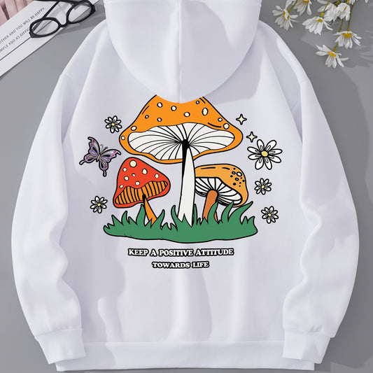 Letter & Mushroom Print Hoodie Long Sleeve Sweatshirt