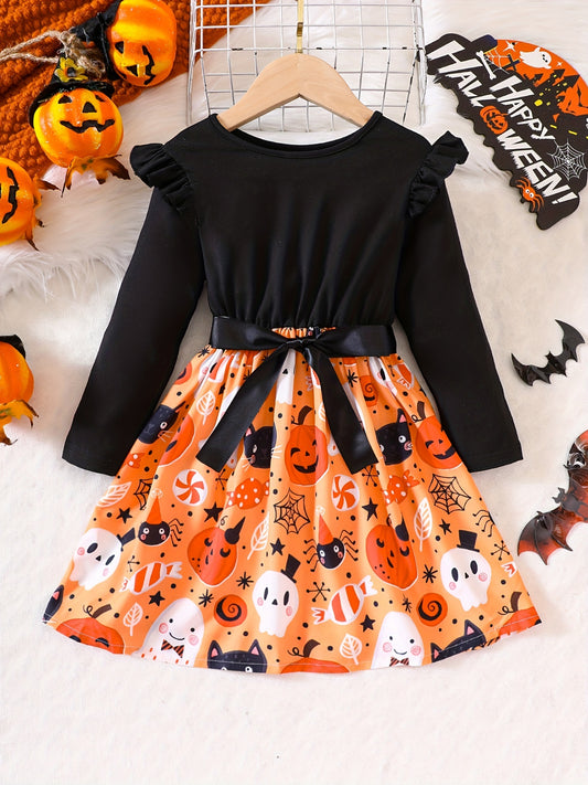 Girls' Cute Pumpkin Halloween Dress Long Sleeve Tee Dress
