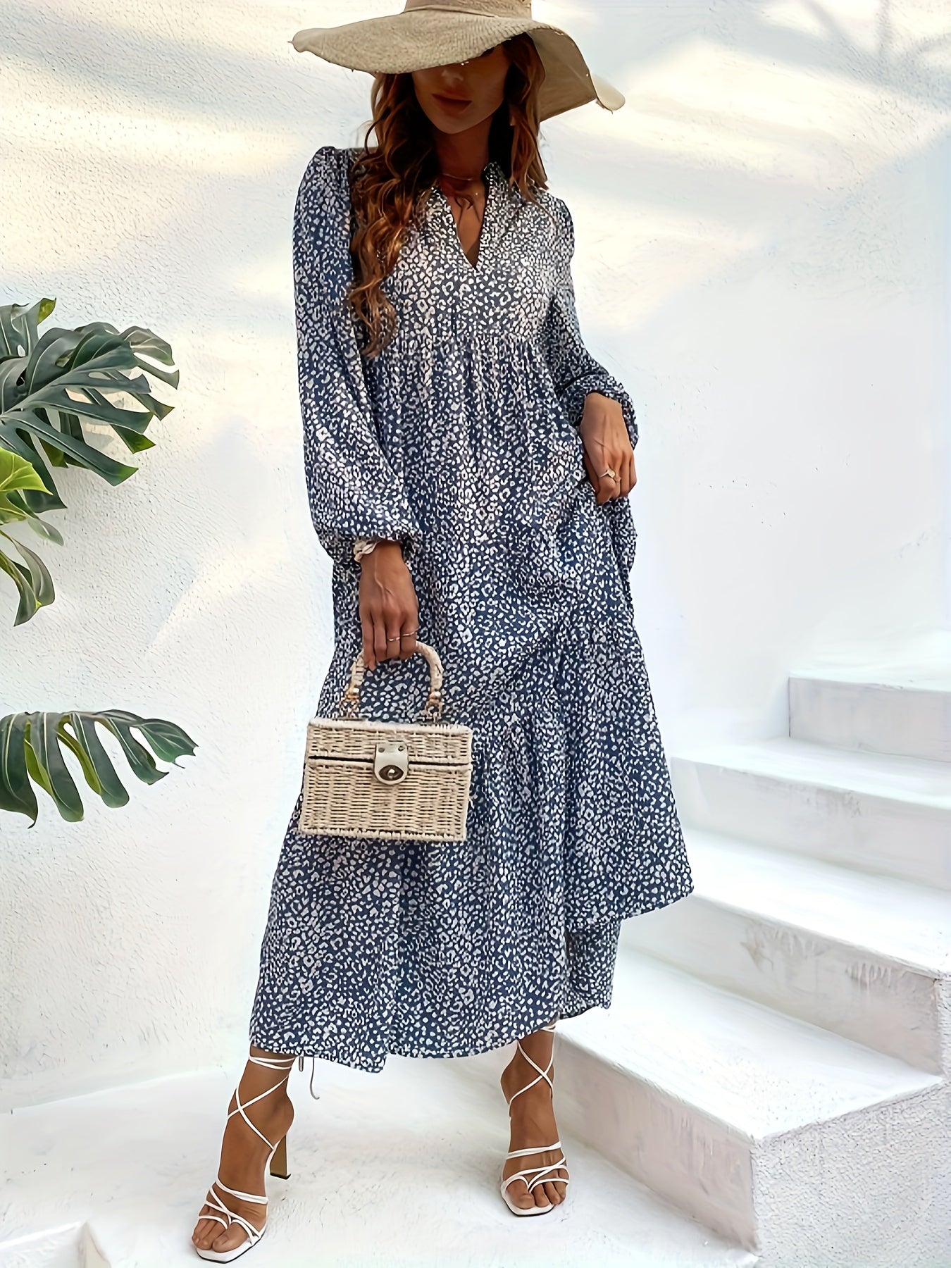 Plus Dalmatian Print Lantern Sleeve V Neck Smock Maxi Dress