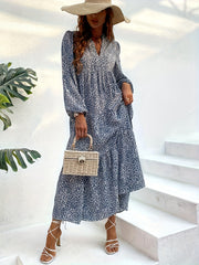 Plus Dalmatian Print Lantern Sleeve V Neck Smock Maxi Dress