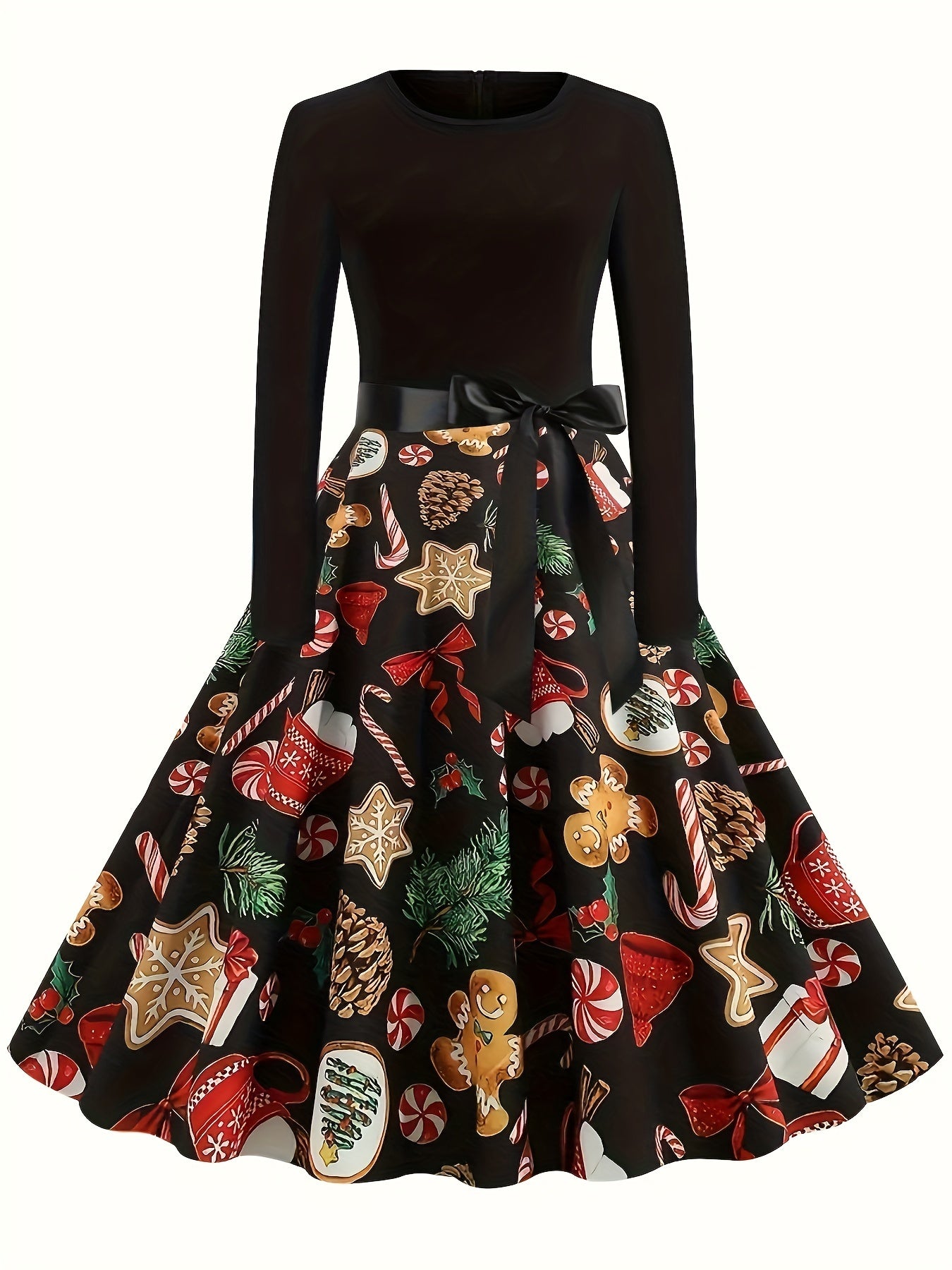  Colorblock Christmas Print Tie Front A-line Maxi Dress