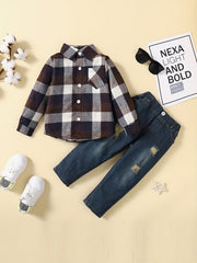 Boy's Plaid Shirt & Ripped Denim Pants Set For Spring Fall