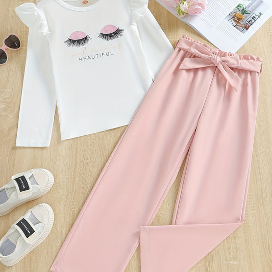 Girls 2pcs Ruffle Decor Top & Elastic Waist Pants With Belt