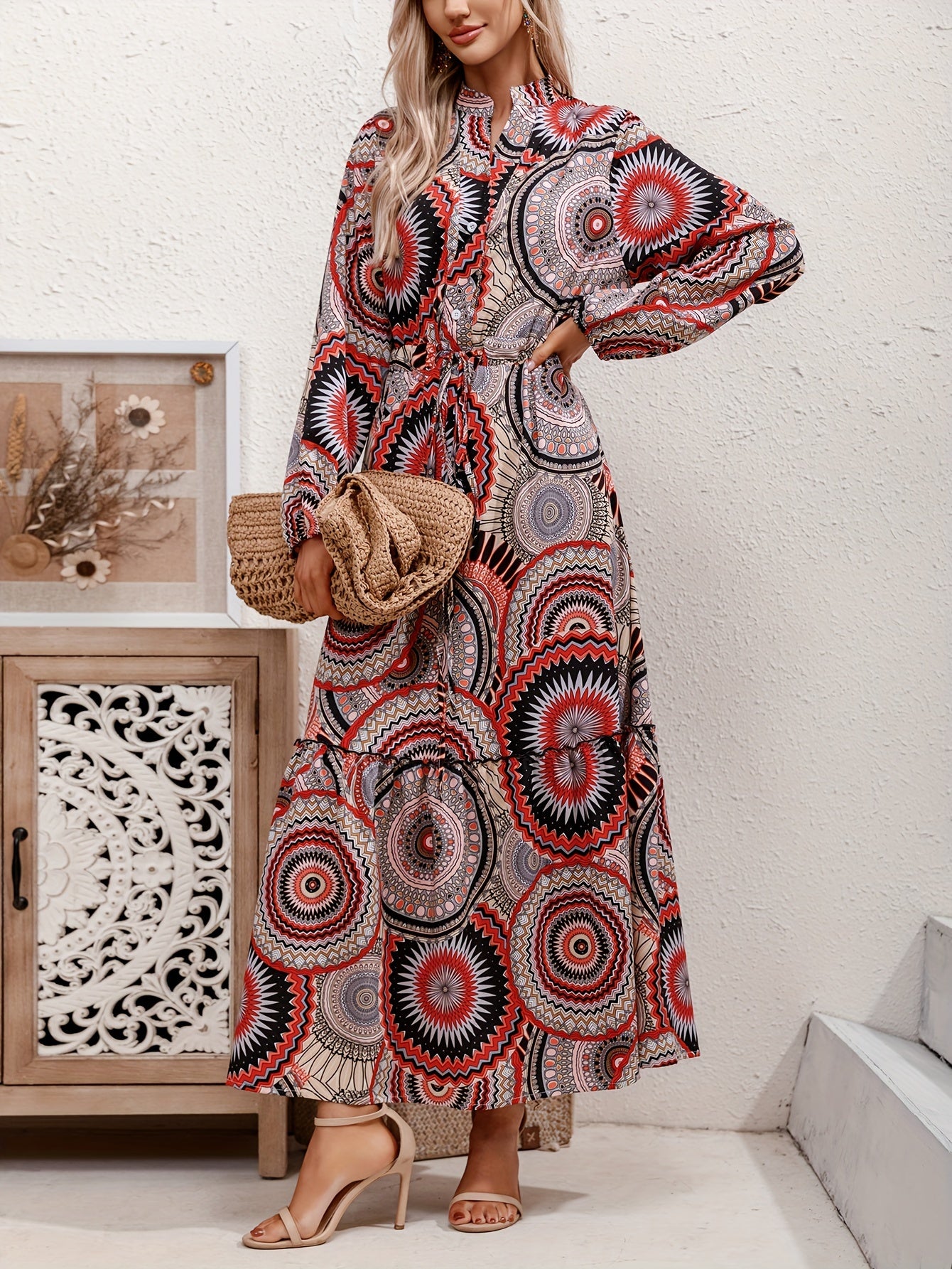 Boho Maxi Dress Women's Plus Graphic Print Long Sleeve V Neck