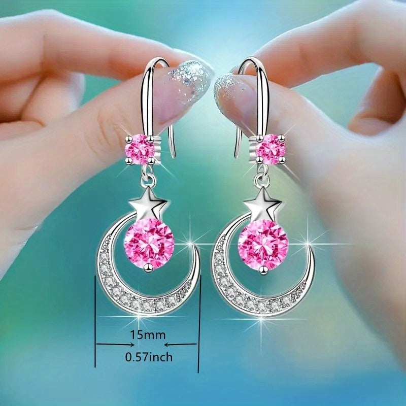 Moon & Star Zircon Drop Earrings, Gift