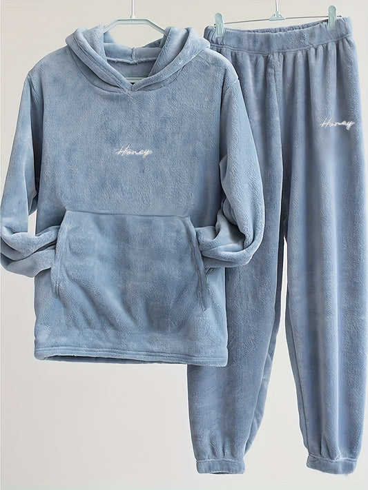  Letter Embroidery Fleece Hoodie & Pants Set