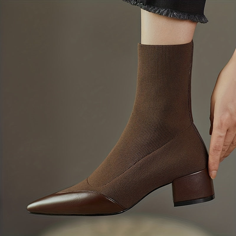 Women's Pointed Toe Ankle Boots Knitted Slip On Low Heels Stretch Short Boots