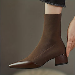 Women's Pointed Toe Ankle Boots Knitted Slip On Low Heels Stretch Short Boots