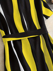 Plus Stripe Print Short Sleeve V Neck Knee Length Dress With Belt