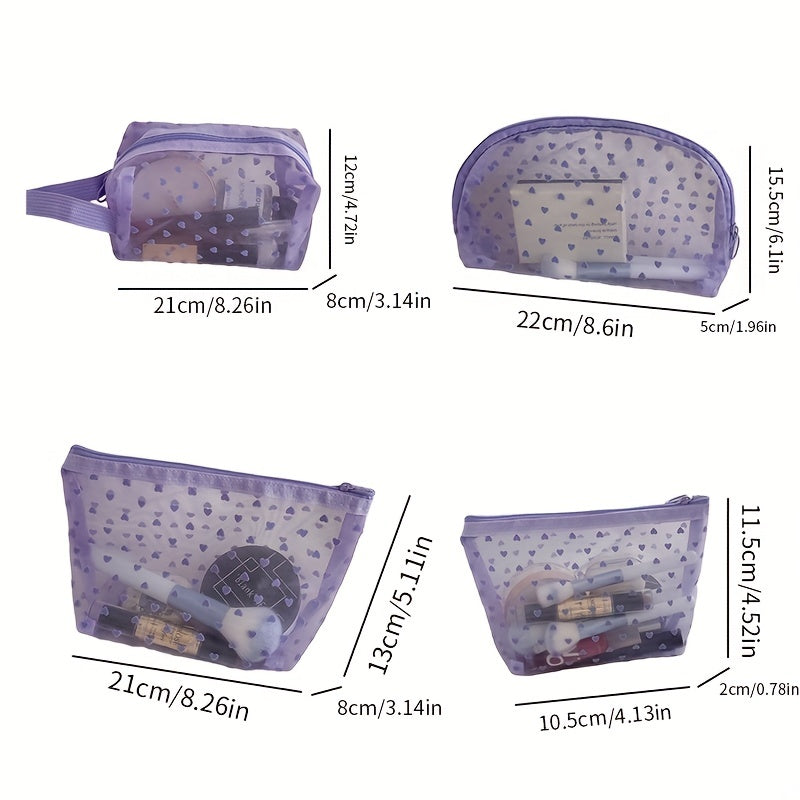 Purple Mesh Makeup Bag Heart Pattern Cosmetic Zipper Pouch