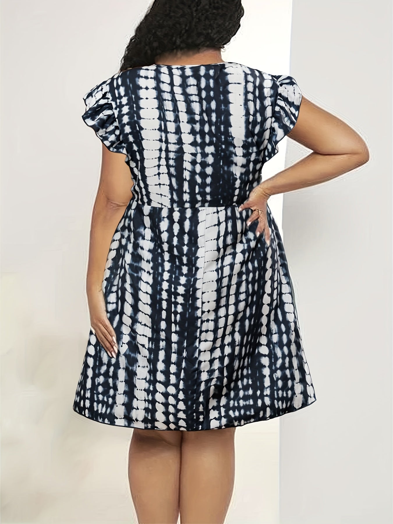  Tie Dye Stripe Print Ruffle Sleeve V Neck Dress