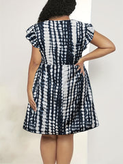  Tie Dye Stripe Print Ruffle Sleeve V Neck Dress
