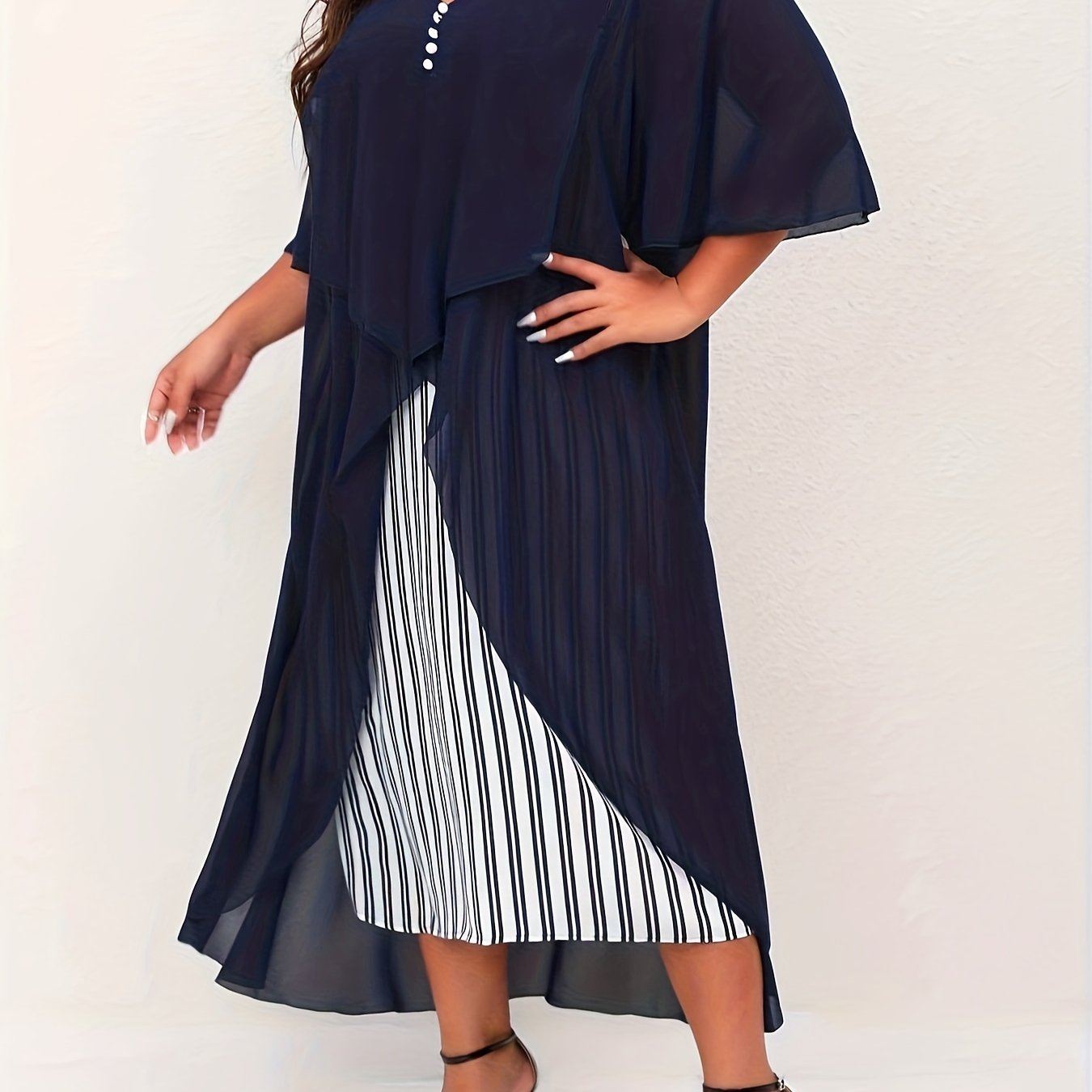 Women's Plus Colorblock Stripe Print Mesh Short Sleeve Dress