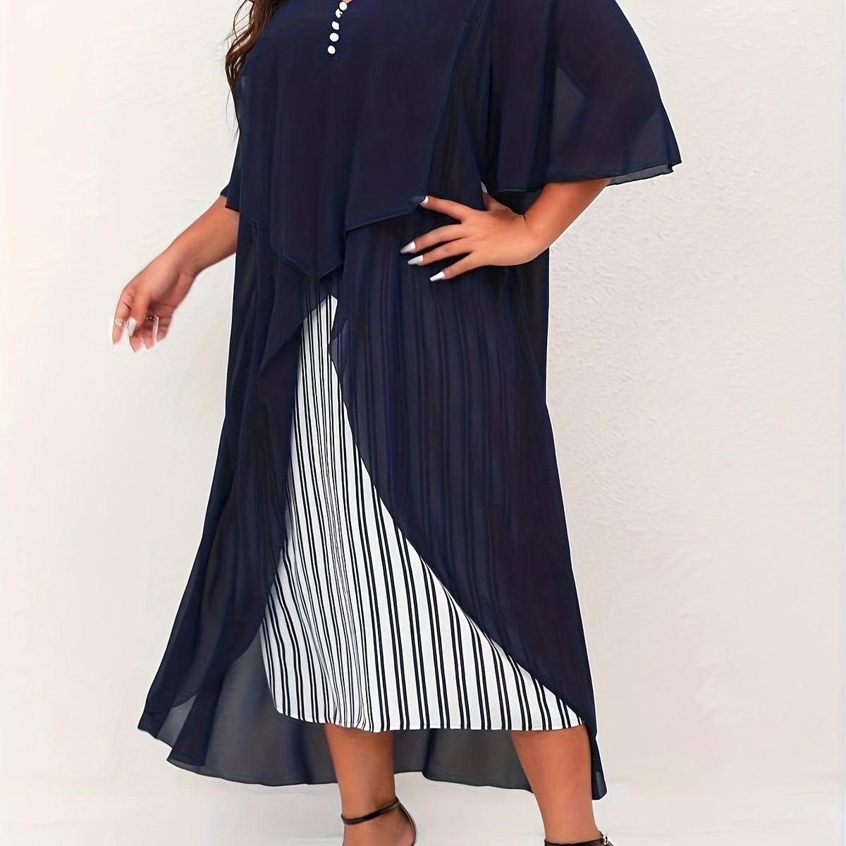 Women's Plus Colorblock Stripe Print Mesh Short Sleeve Dress