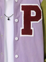 Girls Letter Patched Striped Baseball Jacket