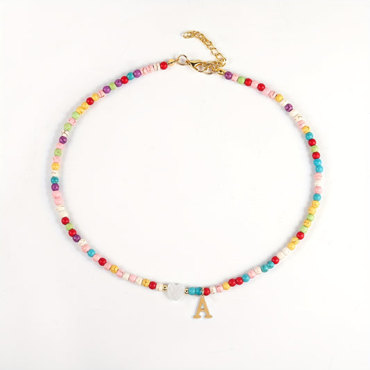 Girl's Colorful Beaded Choker Necklace with Golden Initial Letter