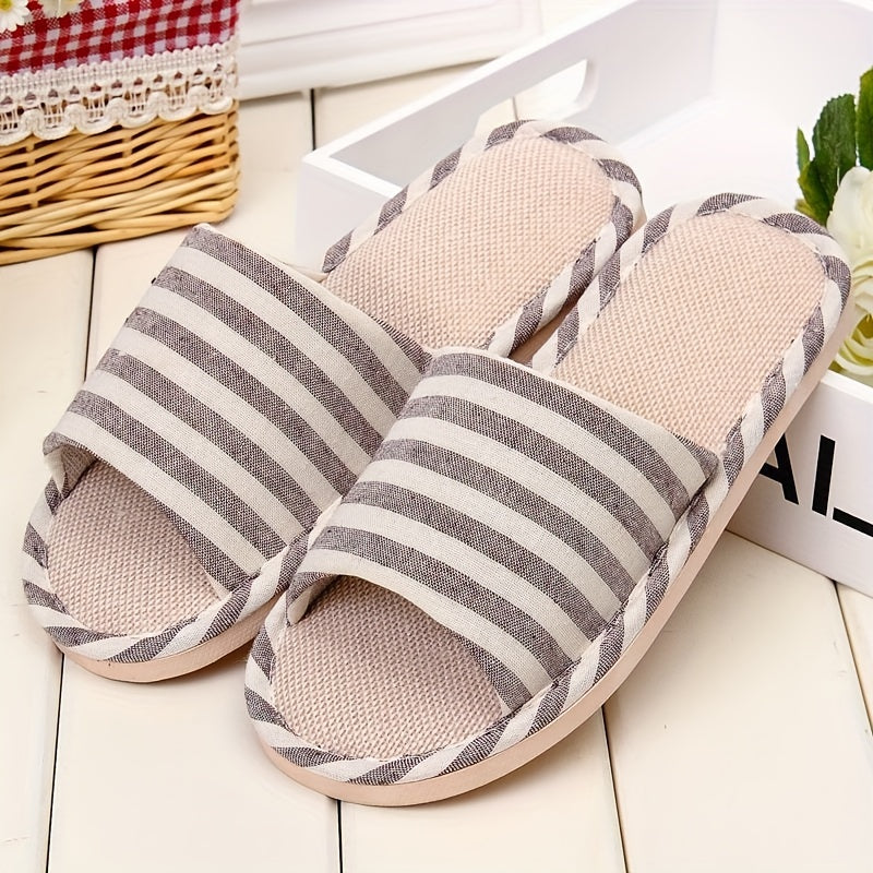 Men's Linen Striped Slides Lightweight Slippers for Indoor Outdoor Beach
