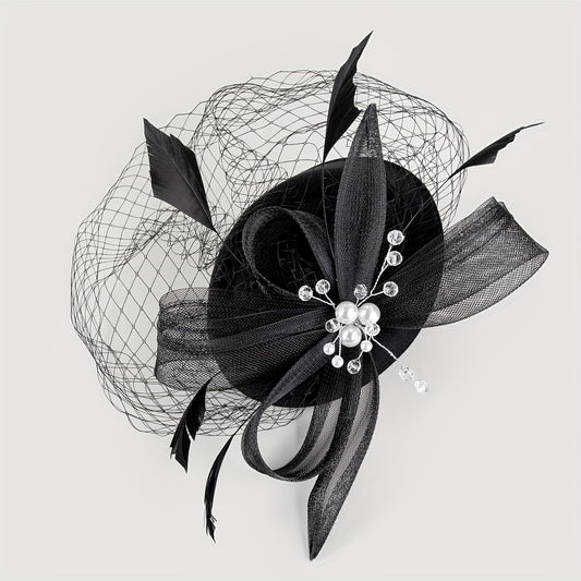 Women Faux Feather Mesh Head Piece Faux Pearl Rhinestone Head Jewelry