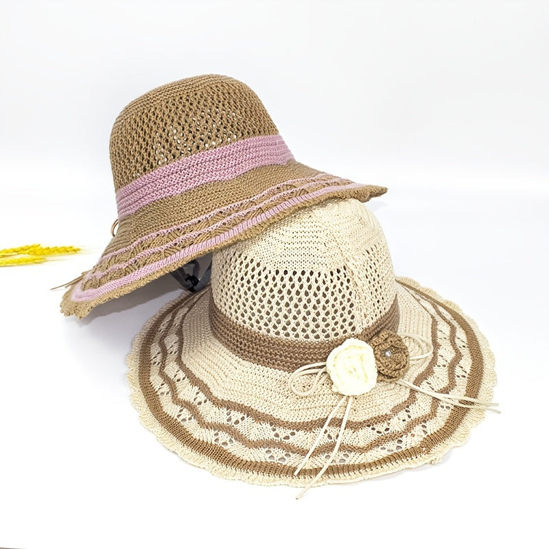 Knitted Bucket Hat Hollow Breathable Sunscreen Beach Hats Wide Brim
