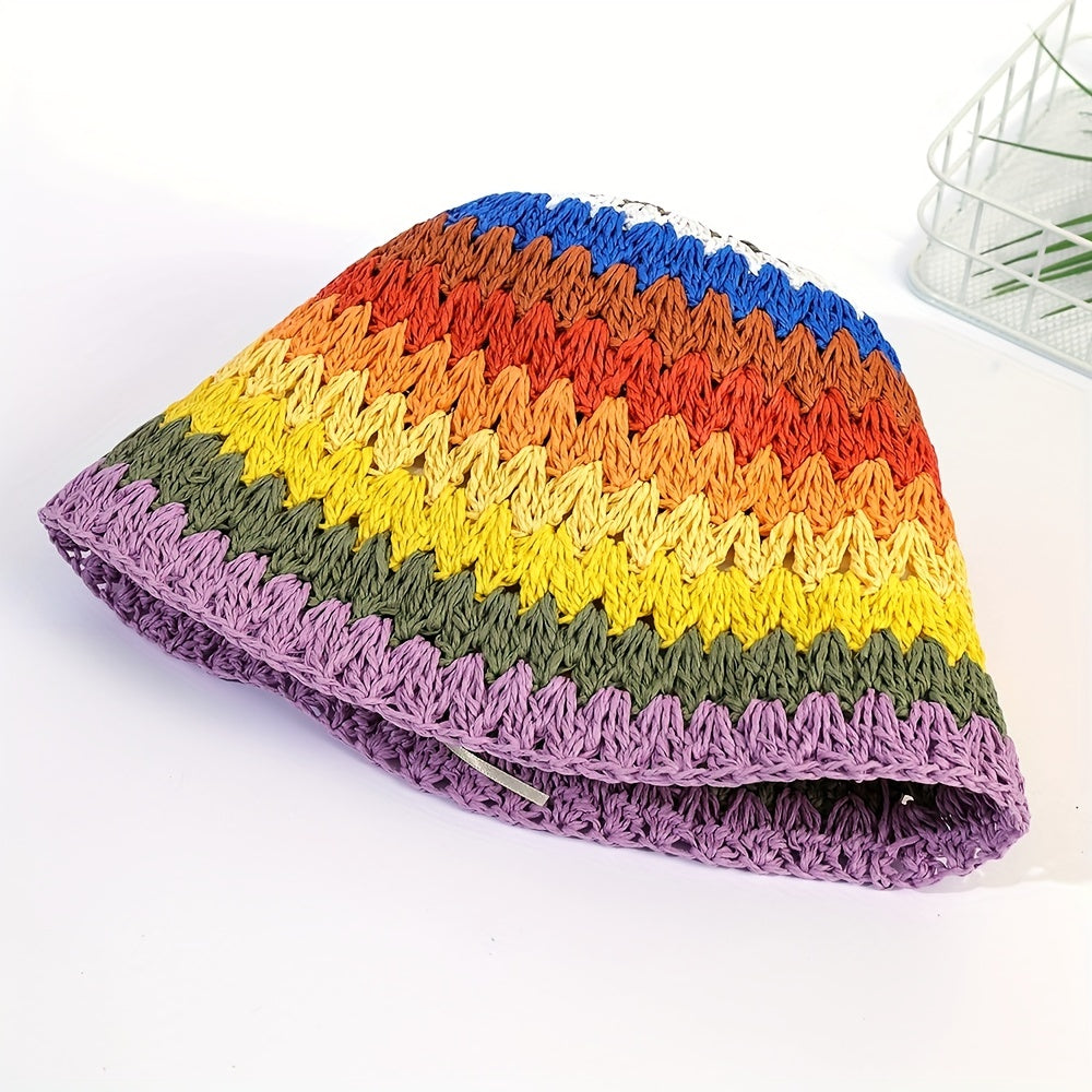 Striped Crochet Beanie Colorful Straw Cloche Hats Sun Shade Bucket Hats